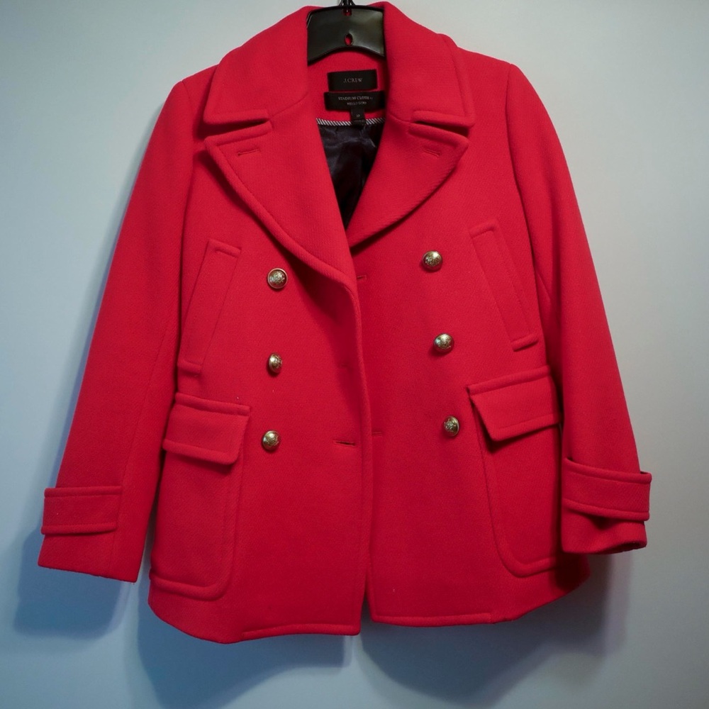 NWOT J Crew Red Double Breasted Pea Coat with gold buttons and Nello Gori fabric